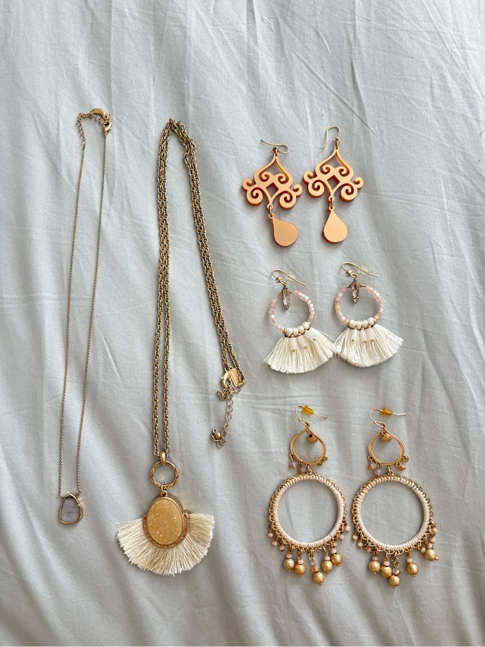 Gold Fringe Neutral Boho Bohemian Jewelry Bundle Earrings & Necklaces